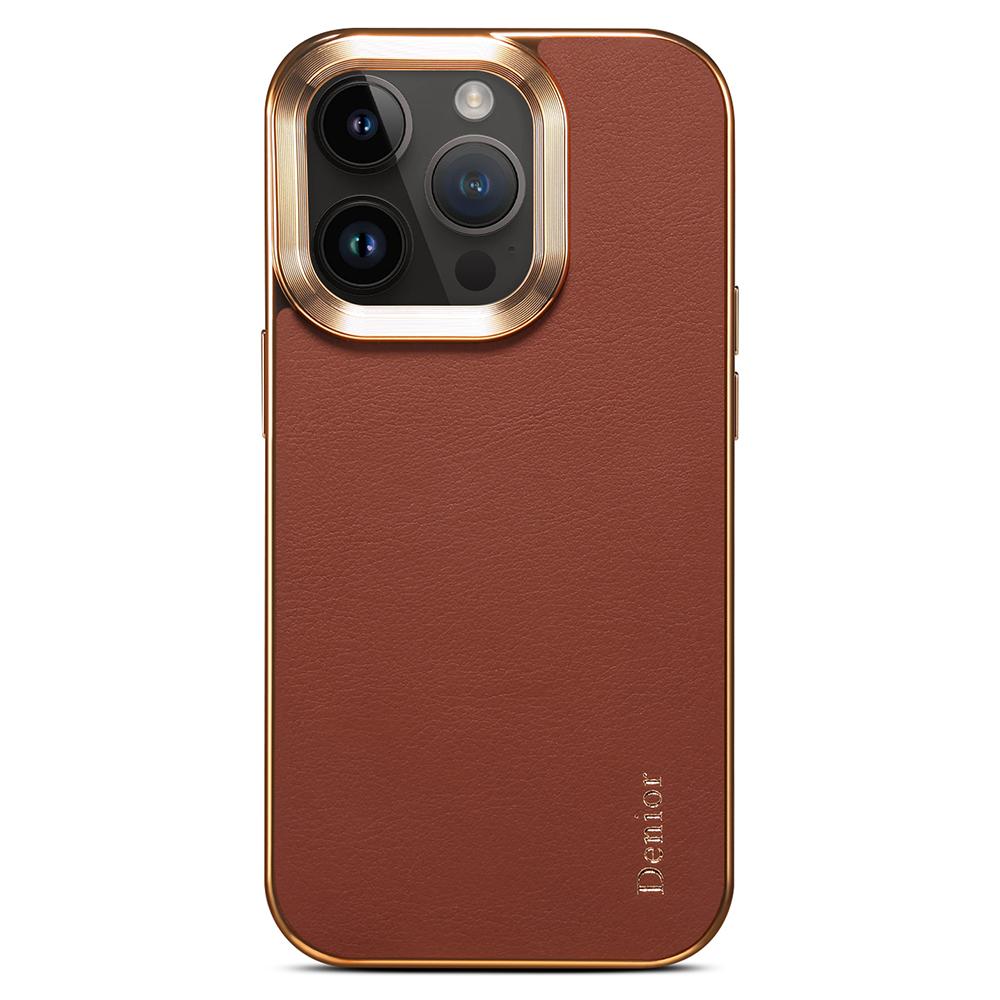 

DENIOR For iPhone 16 Pro Max Case Genuine Cow Leather Coated PC+TPU Electroplating Phone Cover Brown