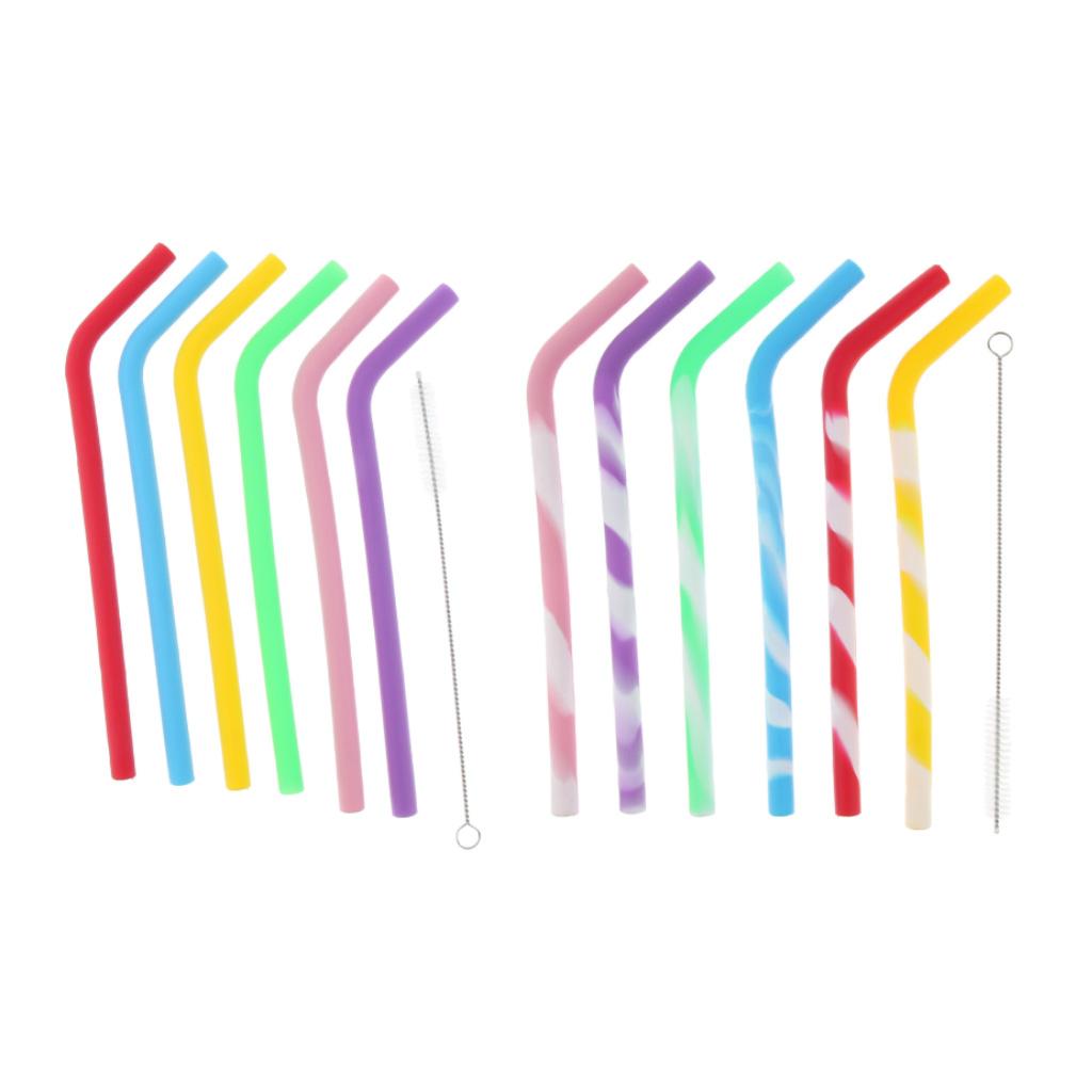 6 Pieces Of Silicone Colored Tea Drinking Straws With Cleaning Brush In The