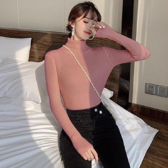 

Женский модный облегающий вязаный свитер с высоким воротником однотонного цвета 2024 One Size розовый