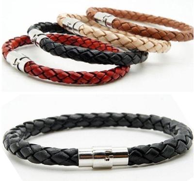 Unisex Damen Herren Echtes Geflochtenes Leder Stahl Magnetverschluss Armband Bangle AVE