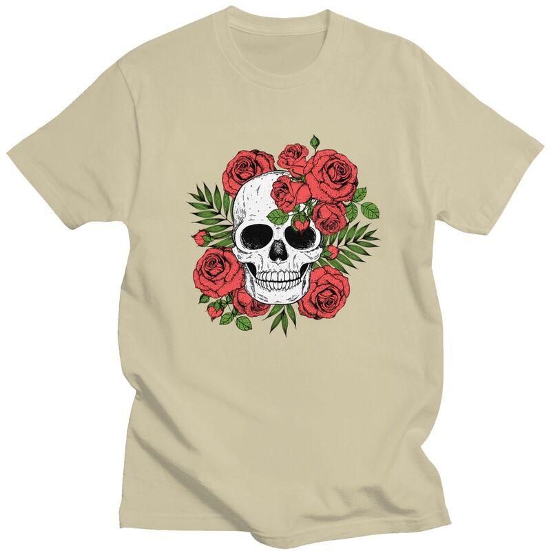 Custom Skull Roses Flowers T Shirts Men Short Sleeve Tshirts Streetwear Tee Tops 100 Cotton Slim Fit Tshirts Merch