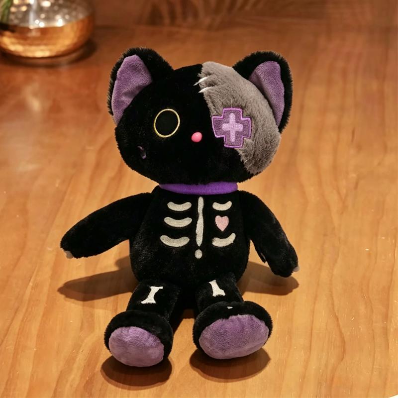 35cm Kawaii Schwarze Serie Skelett Katze Weiches Plüschtier Kreatives Kuscheltier Flauschiges Gotisches Totenkopf Kätzchen Für Kinder Halloween Geschenke 25cm