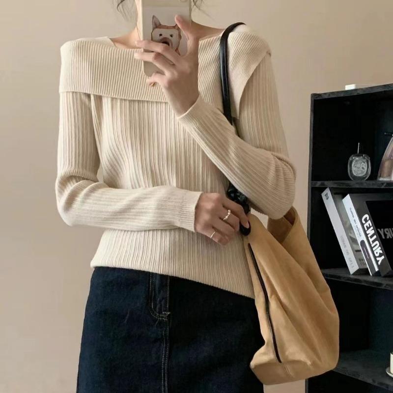 Temperament one-word shoulder base sweater women's autumn and winter inner long-sleeved lapel knitted sweater unique chic top women
