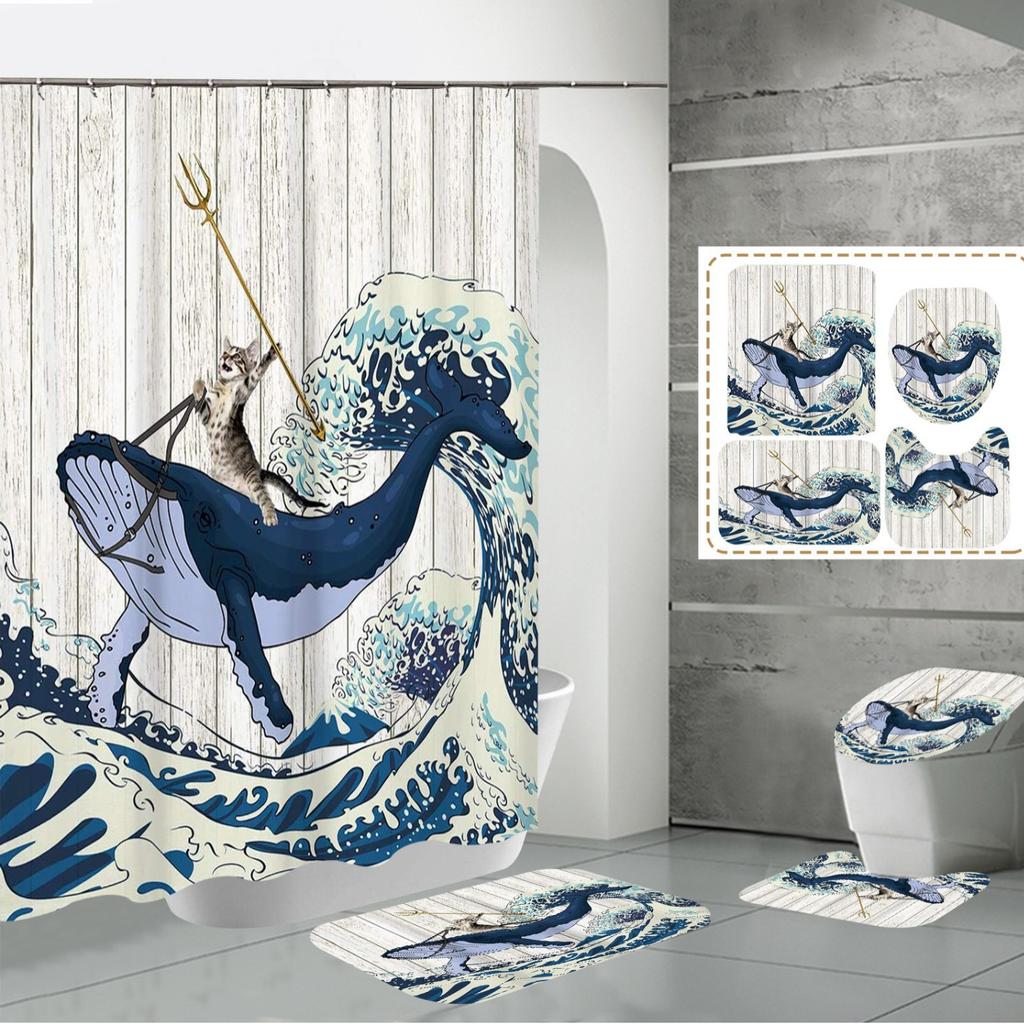 Shower Curtain Four-Piece 3D Digital Printing Shower Curtain Underwater Animal Bathroom Partition Shower Curtain