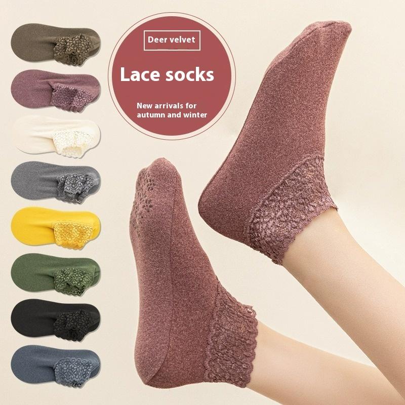 Women's Autumn Winter Thickened Warm Fleece Socks Lace Ankle Socks Non-slip Floor Socks