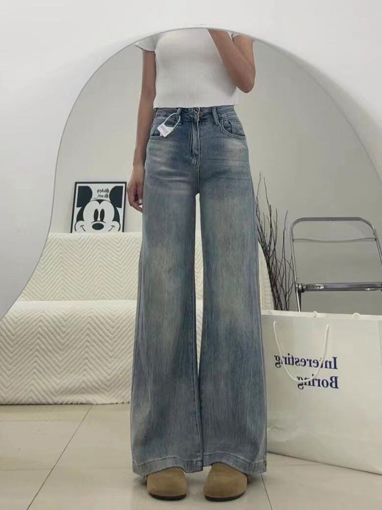 High-waisted Straight Jeans Female Fall Vintage Loose Skinny Versatile Trailing Wide-legged Pants Retro Street Style Baggy Long Jeans for Ladies