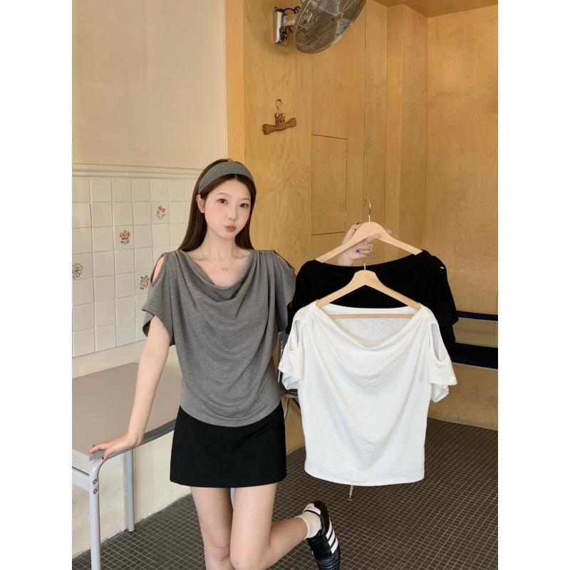 Plus Size Korean Off-Shoulder Draped Collar Short-Sleeve Top Medium