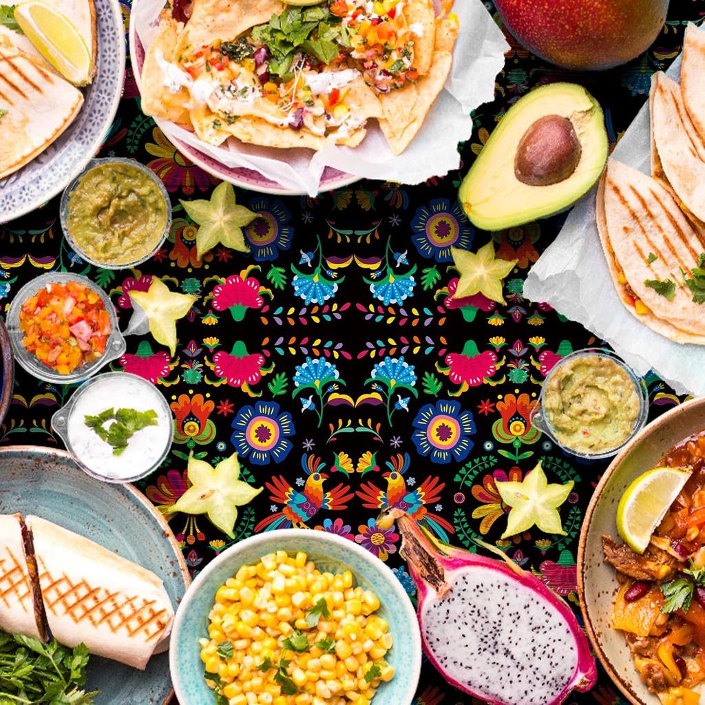 3 Pieces 54 x 108 Inches Mexican Fiesta Plastic Tablecloth, Disposable Rectangle Table Covers with Floral and Serape Stripe for Cinco de Mayo, Taco