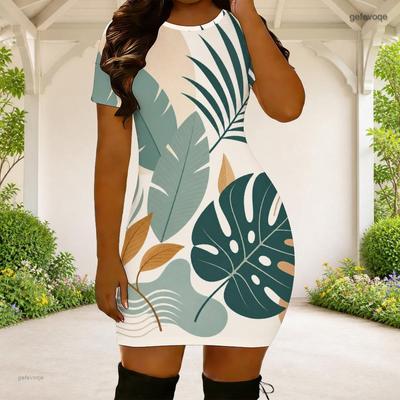 Women Plus Size Round Neck Short Sleeve Tropical Leaf Printed Fitted Mini Dress