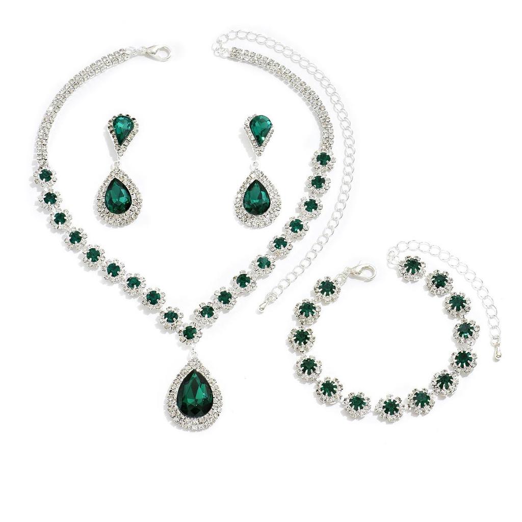 Elegant Multi-Color Floral Diamond Wedding Jewelry Set - Necklace, Stud Earrings & Bracelet