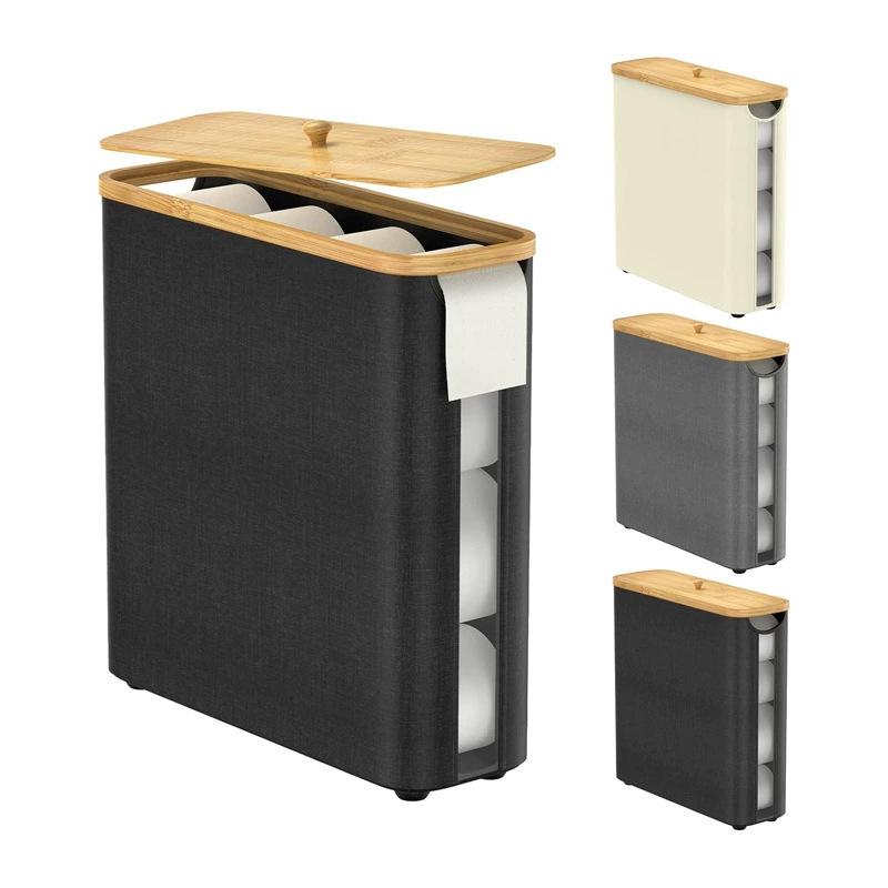 Transparent Bathroom Storage Box with Lid, Bamboo Foldable Napkin and Paper Roll Organizer