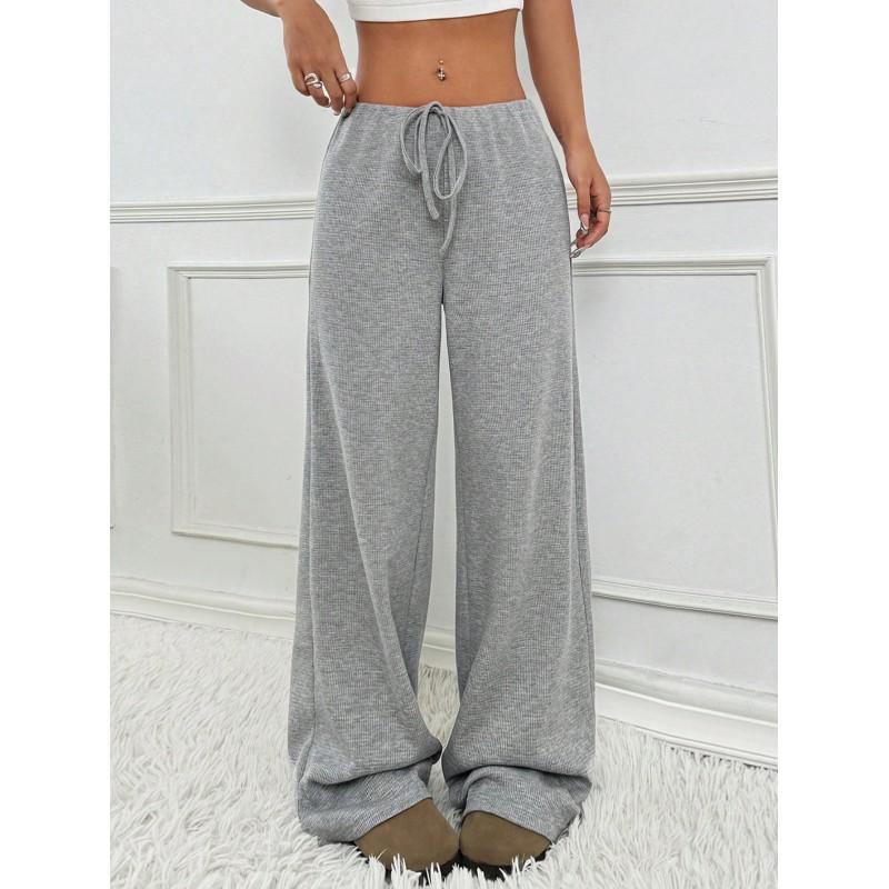 Womens Relaxed Fit Cotton Straight Leg Pants With Elastic Waist Drawstring Detail Striped Solid Colors Fall Winter 2026