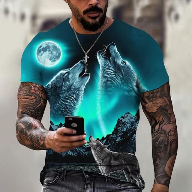 Summer Round Neck 3D Wolf Print Top Fashionable Casual Short Sleeved Men's T-shirts