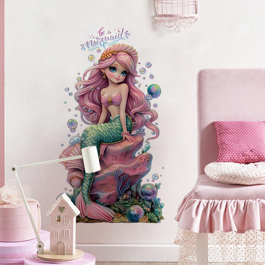 Cartoon Mermaid Wall Stickers for Girls Rooms Bedroom Decals DIY Home Decoration