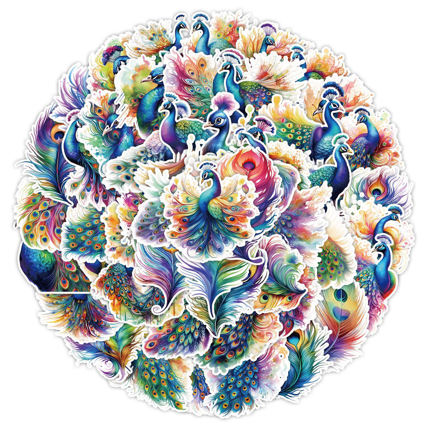 Iridescent Peacock Graffiti Stickers - 50 Waterproof Cartoon Decals for Skateboards & Luggage