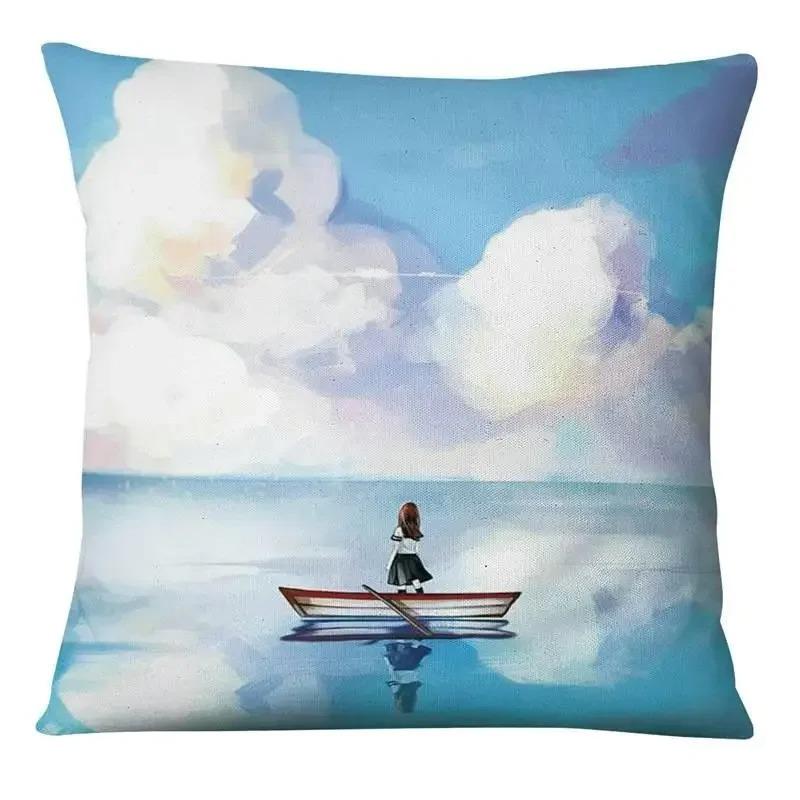 Japanese Style Cartoon Painting Pillowcase Little Girl Sky Print Pillowcase Bedroom Home Decoration Sofa Cushion Cover