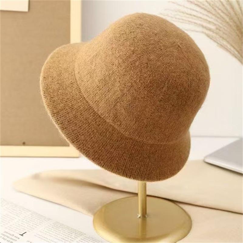 Wool blended bucket hat women's autumn and winter thermal basin hat knitted big face small face hat straight bucket hat women