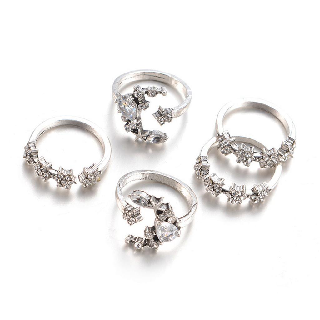 5PC Women Bohemian Star Moon Wedding Lover Crystal Stack Rings Set