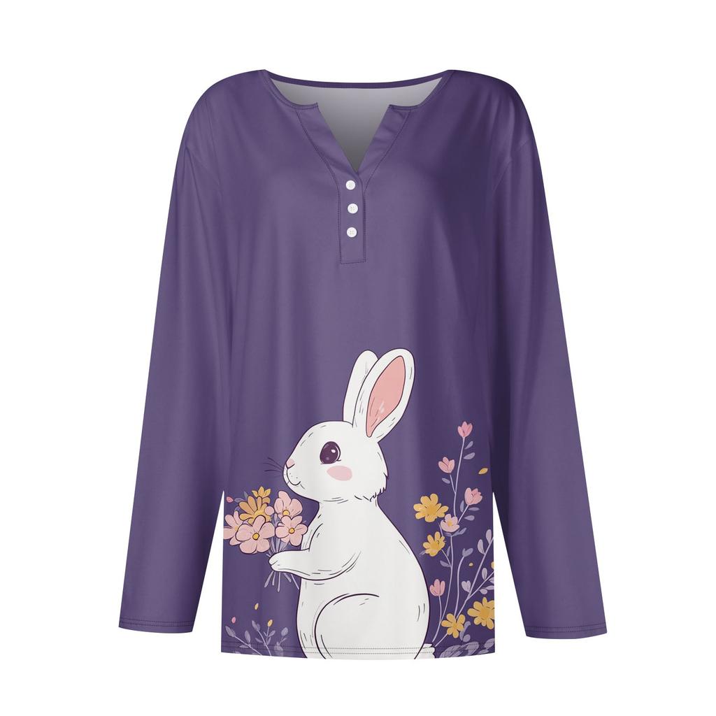 Women's Fashion Casual Printed V-neck Long Sleeve Button Up T-shirt Top