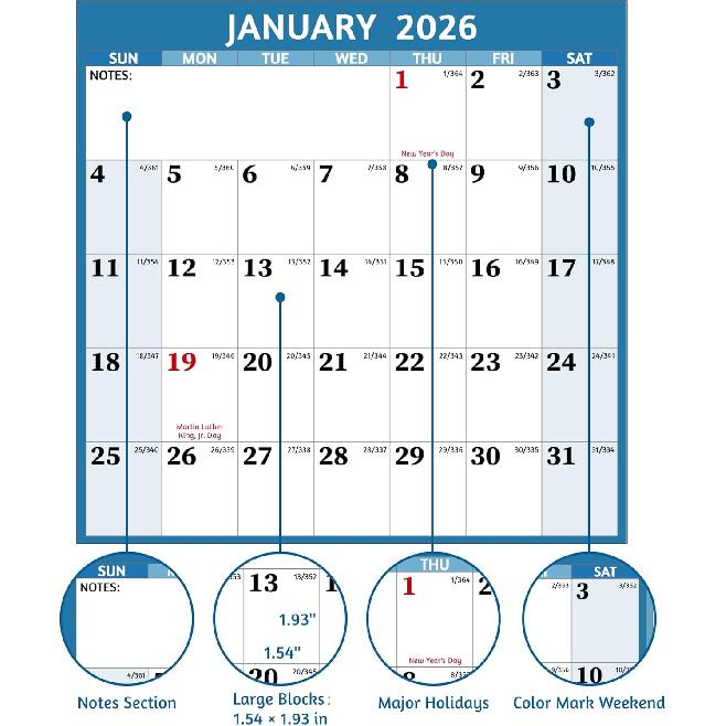 2026 Dry Erase Calendar – Large Yearly Wall Calendar 2026, 45.1'' X 33.7'', 2-Side Reversible Calendar 2026, Vertical/Horizontal, Jan 2026 – Dec