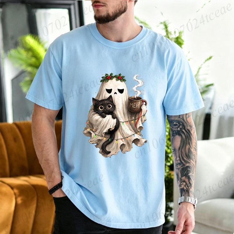 Cotton T-Shirt Spooky Christmas Tshirt Goth Black Cat Christmas Graphic Tee T‑shirt Funny Coffee Cup Tshirts Vintage Gothic Holiday Tops Gifts