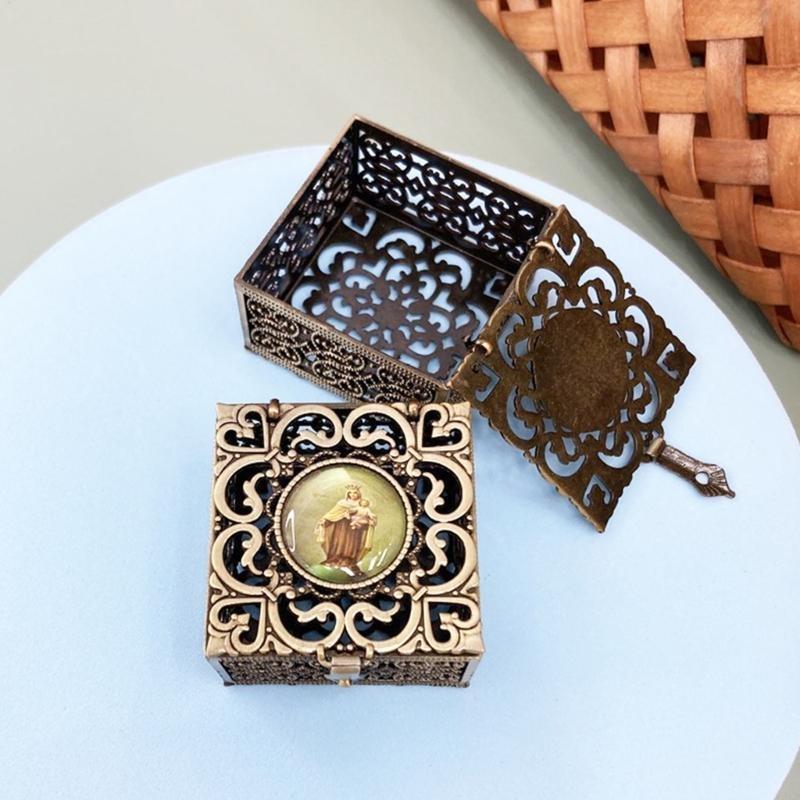 62KD Rosary Bead Box Necklace Metal Christian Catholic Religious Jewelry Case Storage