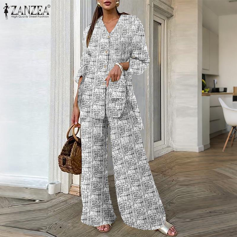ZANZEA Women Long Sleeve Blouse and Pants Retro Print Casual Two Piece Suit Sets