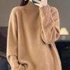 Women's 100% Wool Cable Knit Sweater, Half-High Neck, Loose Fit, Thick for Autumn/Winter