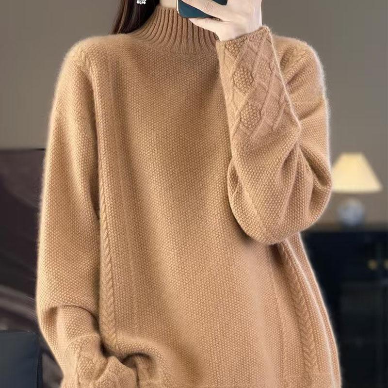 Women's 100% Wool Cable Knit Sweater, Half-High Neck, Loose Fit, Thick for Autumn/Winter
