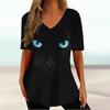 Kawaii Cat T Shirt for Women Painting Print Short Sleeve Tops Summer V-Neck Pullover Female Loose Clothing Tees Shirt