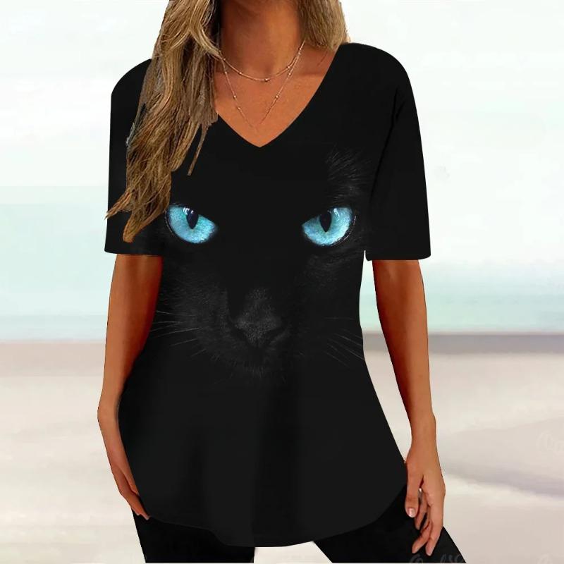 Kawaii Cat T Shirt for Women Painting Print Short Sleeve Tops Summer V-Neck Pullover Female Loose Clothing Tees Shirt