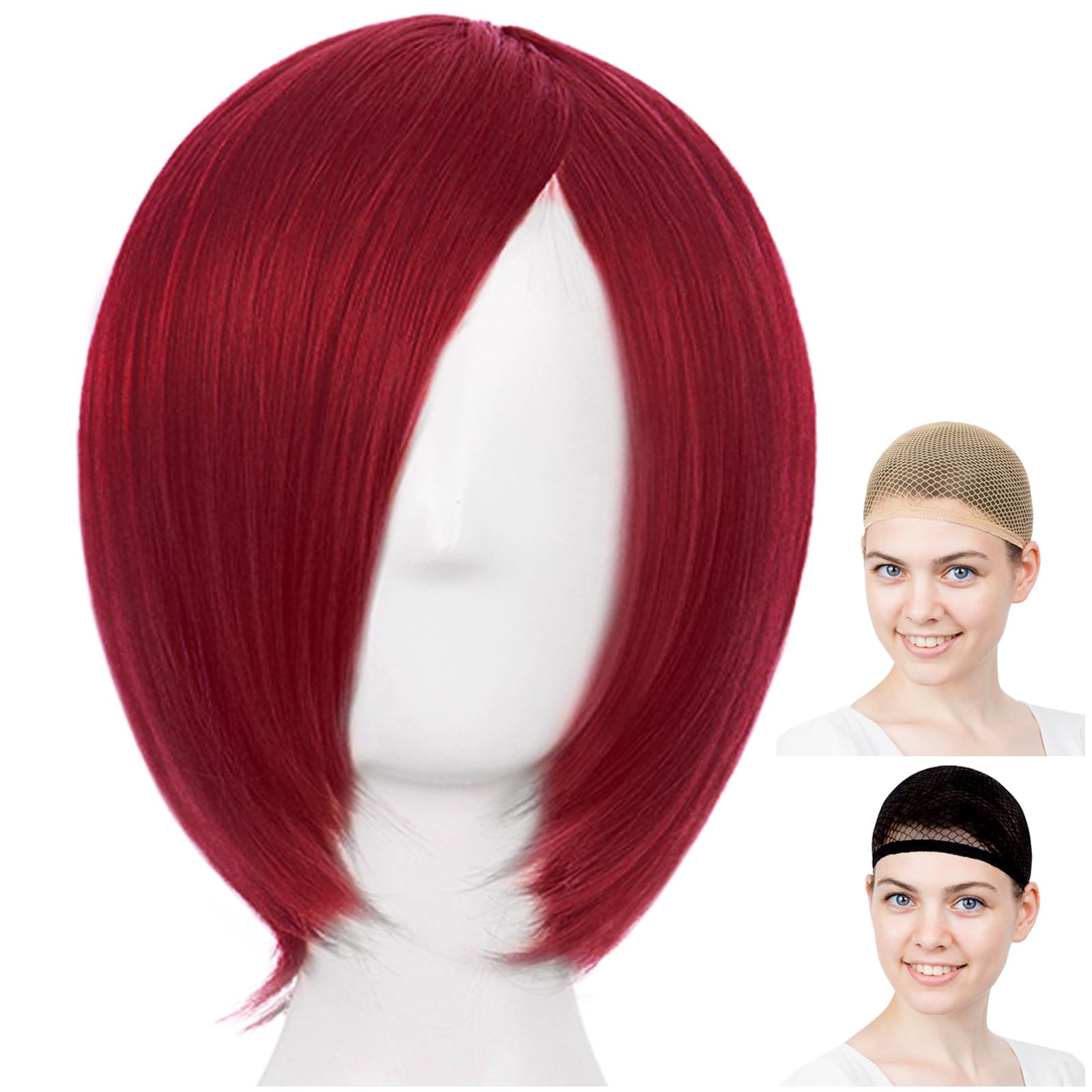 [CaseEden] Cosplay Wig, Full Wig, Heat Resistant, Silky Smooth, Short Bob, Dark Red, Red Hair, WIG6072