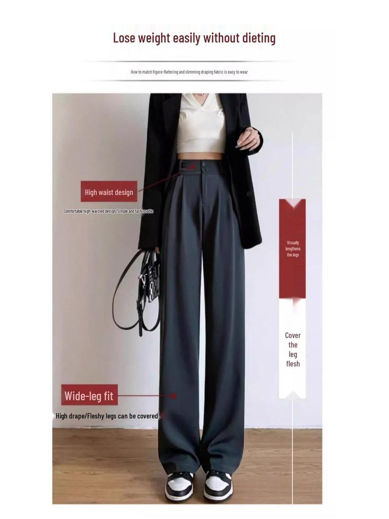 Damskie spodnie garniturowe z wysokiej półki, czarne, lejące się, z szerokimi nogawkami o prostym kroju - wyszczuplające, o swobodnym kroju na wiosnę/lato, idealne dla sylwetki w kształcie gruszki.