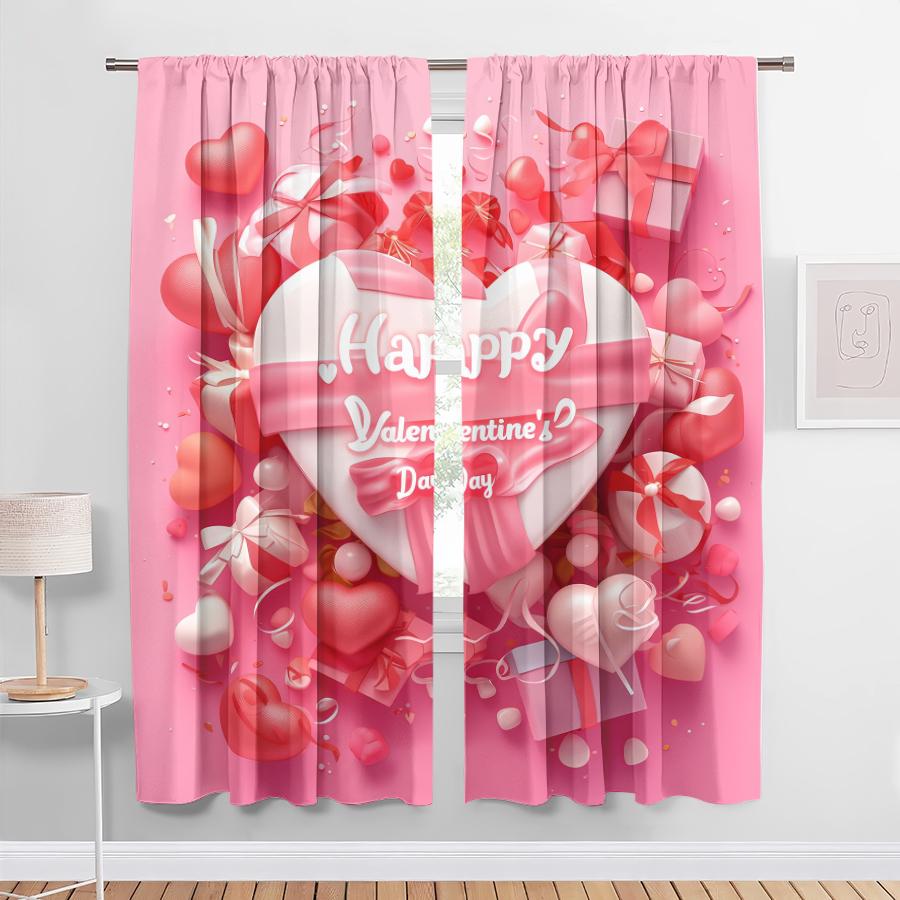 Set Of 2 Pink Heart Valentine Day Curtain Festive Atmosphere Decor Style Bedroom Living Room Pull Pocket Design Polyester Perfect For Great
