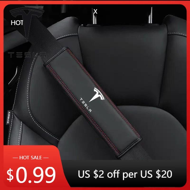 Car Sticker 2025 New Tesla 2Pcs Leather Car Seat Safety Belt Shoulder Protection Cover For Tesla Model 3 Model S X Model Y Roads