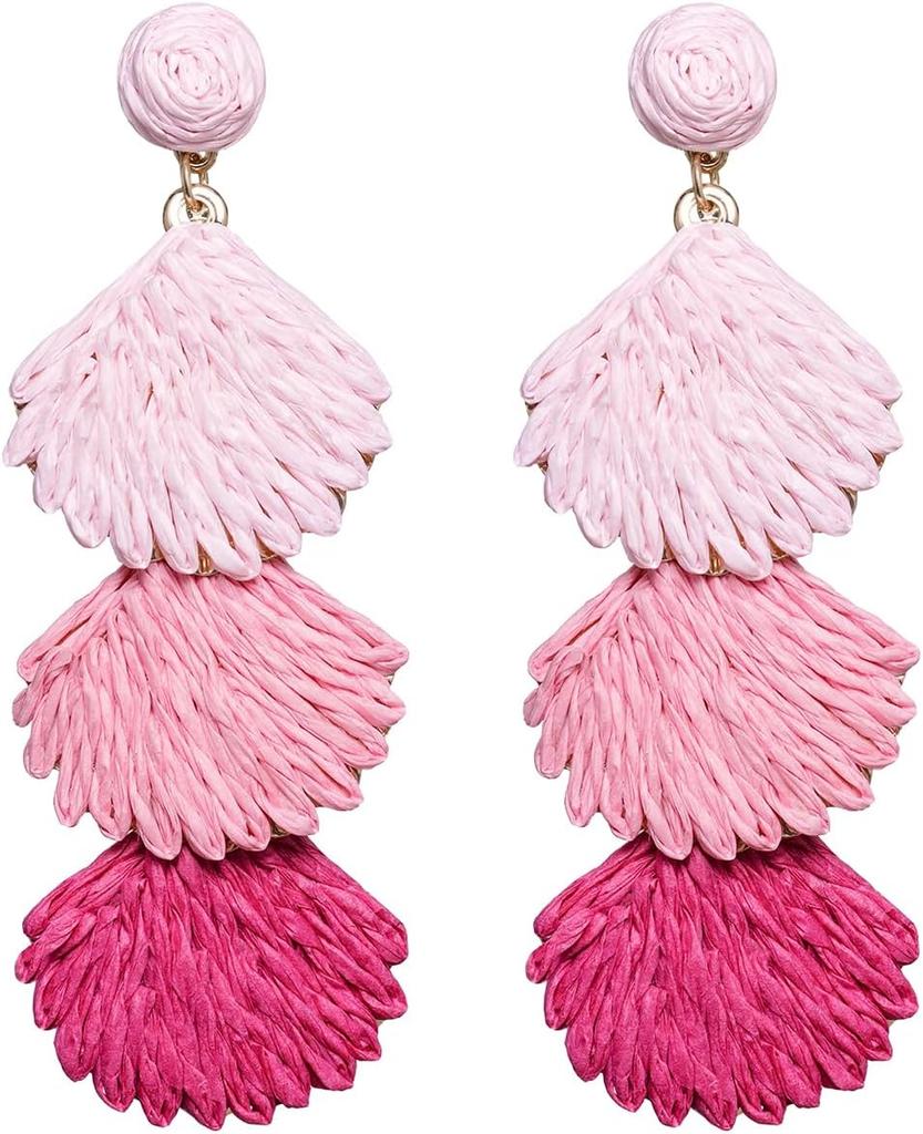 Raffia Dangle Earrings for Women - Boho Statement Rattan Drop Jewelry Shell Design, Lightweight Summer Beach Trendy Accessories