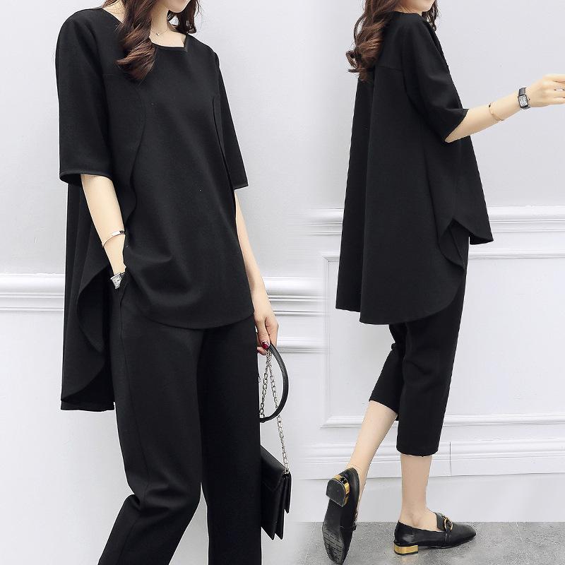 Spring and Summer Korean Style Women's Loose Slimming Fashion Suit Short-sleeved Top Casual Cropped Pants Two-piece Set