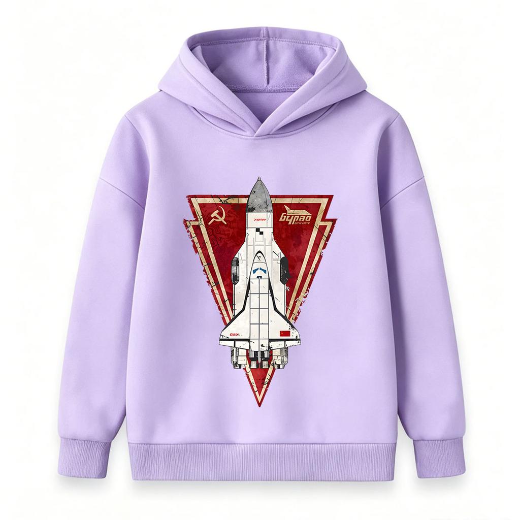 Kids Boys Girls Pullover Hoodie, Vintage Soviet Buran Space Shuttle Print Casual Hooded Sweatshirt for Space Fans, Comfortable Long Sleeve Tops for Da