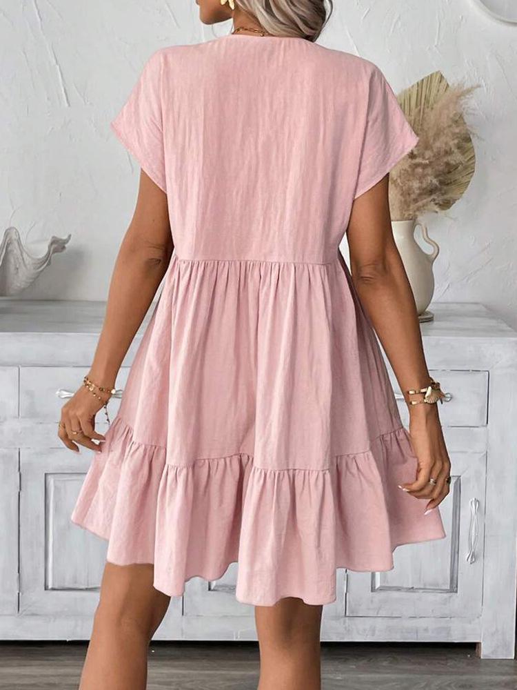 2025 Summer Solid Color V-Neck Loose Resort Dress