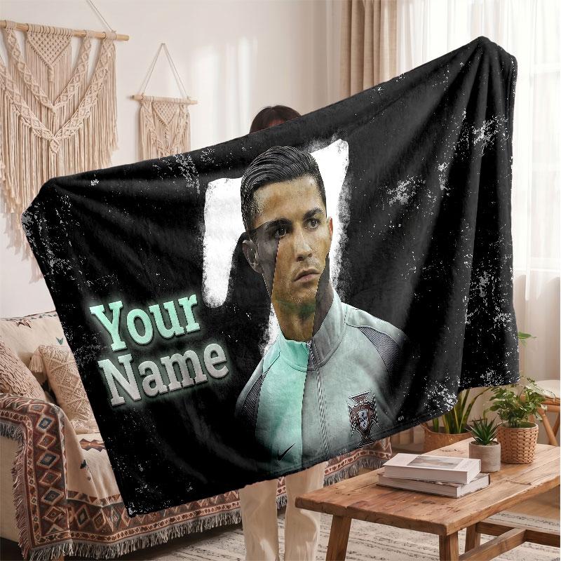 Futbol Logolu Kişiselleştirilmiş Cristiano Ronaldo Polar Battaniye, Özel İsim Yazılı Yumuşak Sıcak Ev Battaniyesi