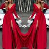 Damen Tiefer V-Ausschnitt Langarm Schlitz Ballkleid Kleid Elegant Brautjungfer Abend Maxi Kleid