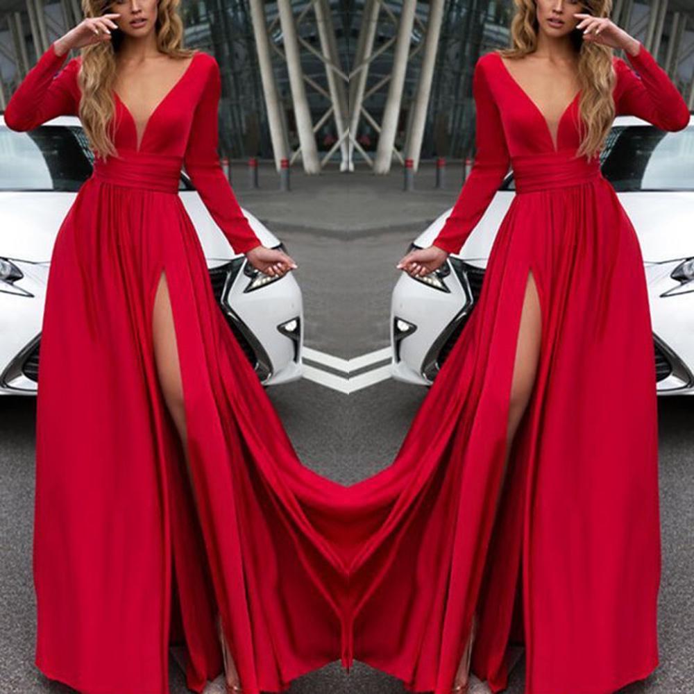 Women Deep V Neck Long Sleeve Slit Prom Gown Dress Elegant Bridesmaid Evening Maxi Dress