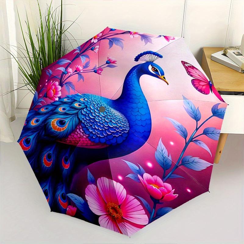 1 Stück lebhafter Pfau Cartoon Regenschirm, tragbarer kompakter Regenschirm, geeignet für Camping, Wandern und Reisen R006