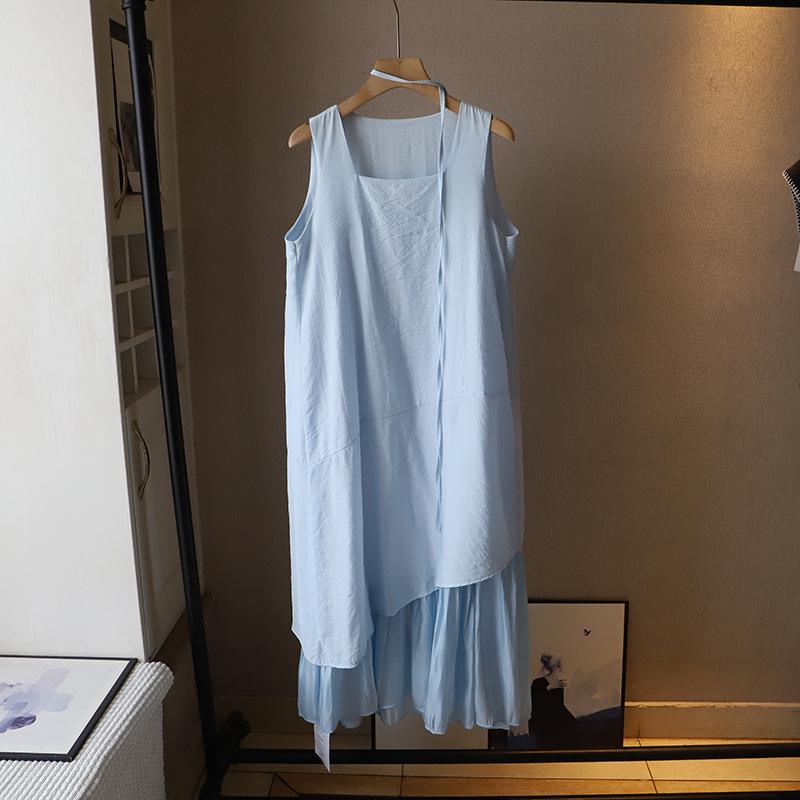 

Bi Zheng 2025 Korean-Style Summer Loose Fake Two-Piece Vest Dress for Women One Size синий