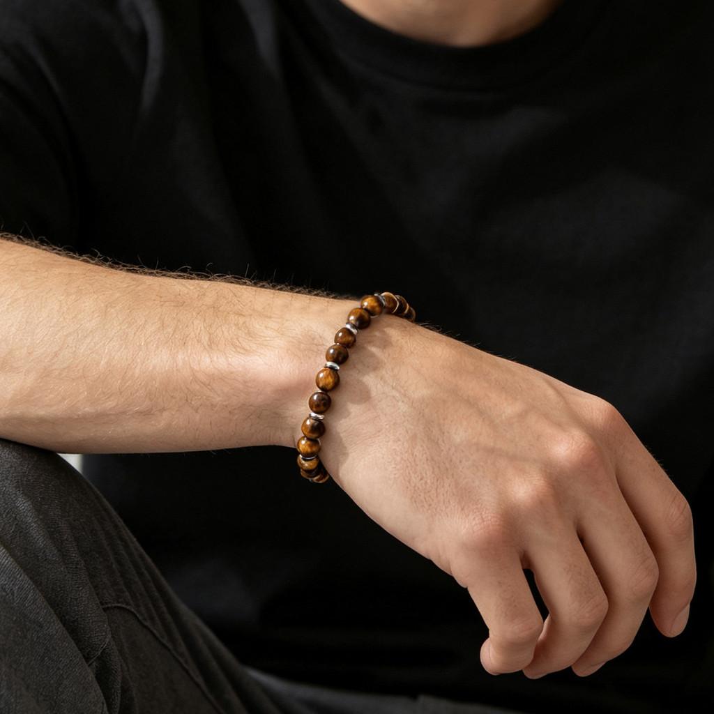 Bracciale a Mano in Pietra Naturale Occhio di Tigre Ab con Perline Geometriche per Uomo e Donna