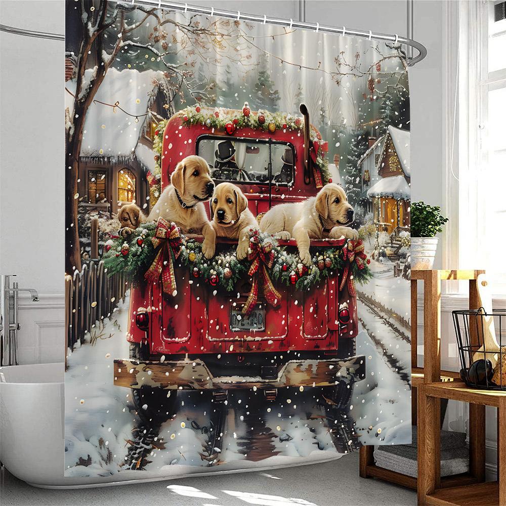 Christmas Shower Curtain Dogs with Xmas Hat Winter Holiday Red Truck Pine Tree Snow Scenery Bathtub Decor Polyester Bath Curtain