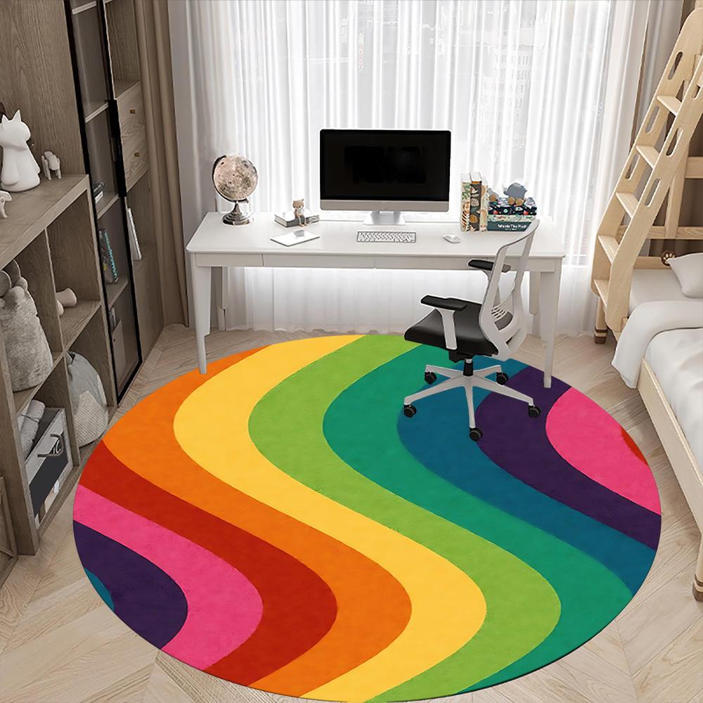 1pc Rainbow Waves Chair Carpet for Office, Round Non-Slip Durable Large Size Office Carpet, Suitable for Office, Beautiful Decoration