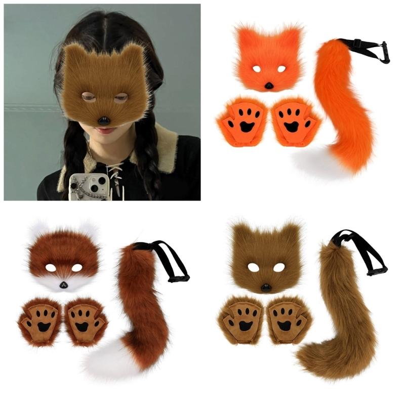 Wolf Foxes Costume Set Plush Animal Mask Animal Tail and Glove, Halloween Animal Costume for Kid Adult Halloween Cosplay
