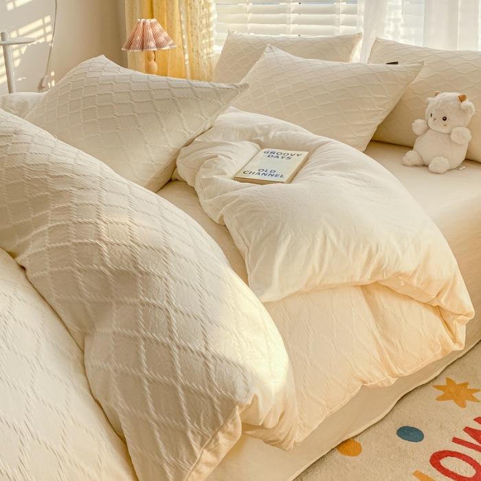 Washed Cotton Four-piece Set, Simple Bed Sheet Quilt Cover, Dormitory Pure Cotton Solid Color Three-piece Set