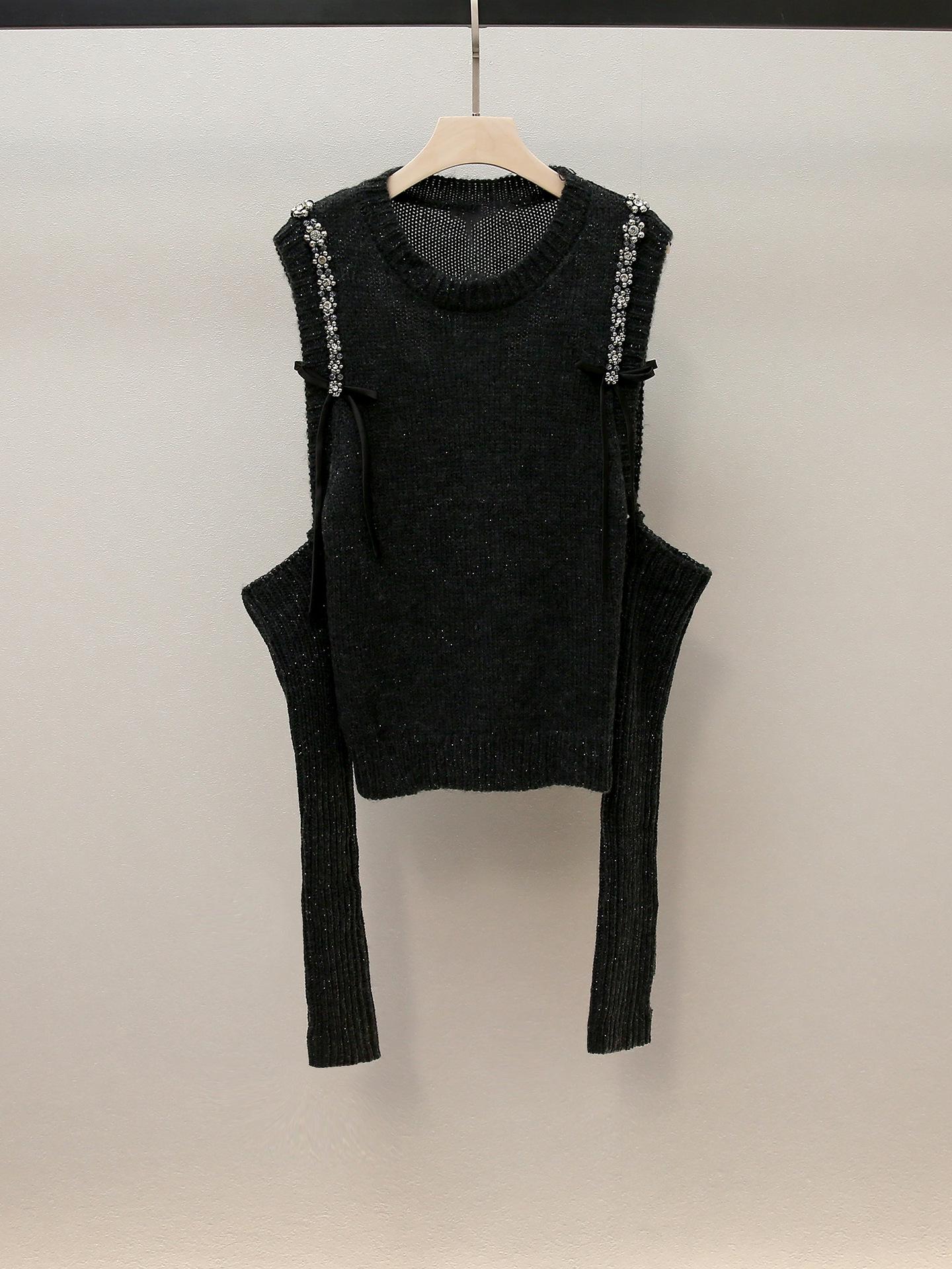 

Yi Li Zhuoya Beaded Bow Off-Shoulder Sweater - Autumn Spicy Girl Style. Medium сірий колір